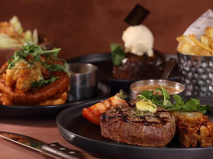Steak with butter, Yorkshire pudding sides and dessert
